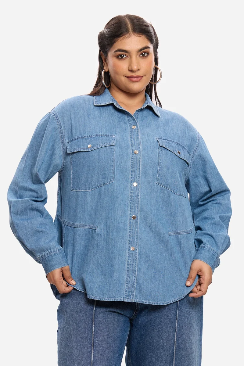 Virgio  Solid Cotton Denim Plus Size Shirt With Slit Design for Women for Women | Best Price UAE