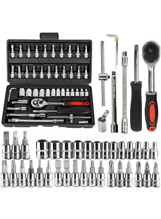 46pcs Ratchet Wrench & Socket Tools Set 14-inch Drive Screwdriver Repaing Kit Combination Socket Wrench Drive Socket Set with Storage Case for Home Car Automobile Bike Mechanic Projects Repa  - Image 1
