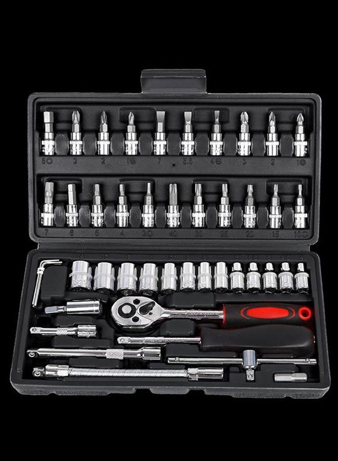46pcs Ratchet Wrench & Socket Tools Set 14-inch Drive Screwdriver Repaing Kit Combination Socket Wrench Drive Socket Set with Storage Case for Home Car Automobile Bike Mechanic Projects Repa