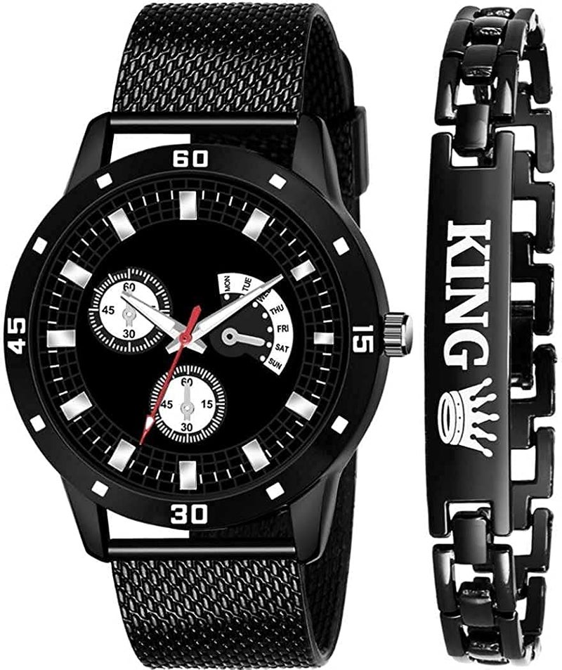 SWADESI STUFF Silicone Men's Black Analogue Combo Of Watch & King Bracelet - Image 1