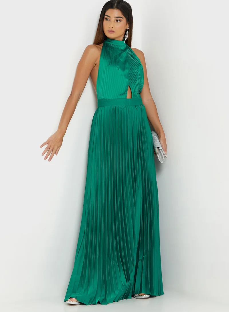 boohoo Halter Neck Cut Out Detail Pleated Dress