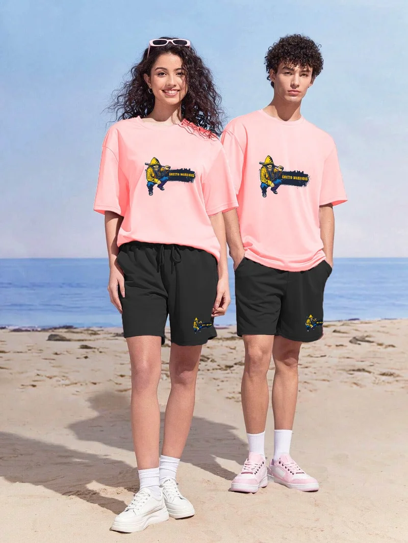 DogFish Lover Couple Combination T-Shirt-Shorts Ghettowarriors Printed Oversize Pink