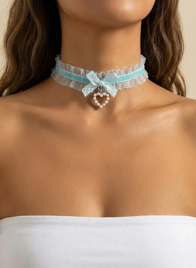 تايك تو Lace Bow Faux Pearl Heart Choker Necklace