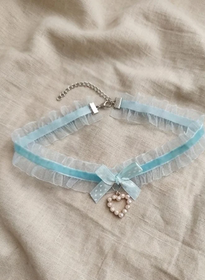 تايك تو Lace Bow Faux Pearl Heart Choker Necklace