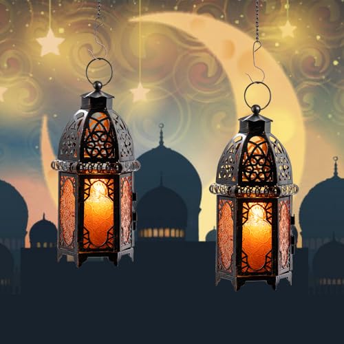 NEEDOMO 11'' Moroccan Lanterns Decorative Indoor & Outdoor, Vintage Christmas Candle Holder, Metal Lanterns Decorative, Table, Patio, Porch, Shelf, Christmas Spring Halloween Home Decor (Amber) - Image 3