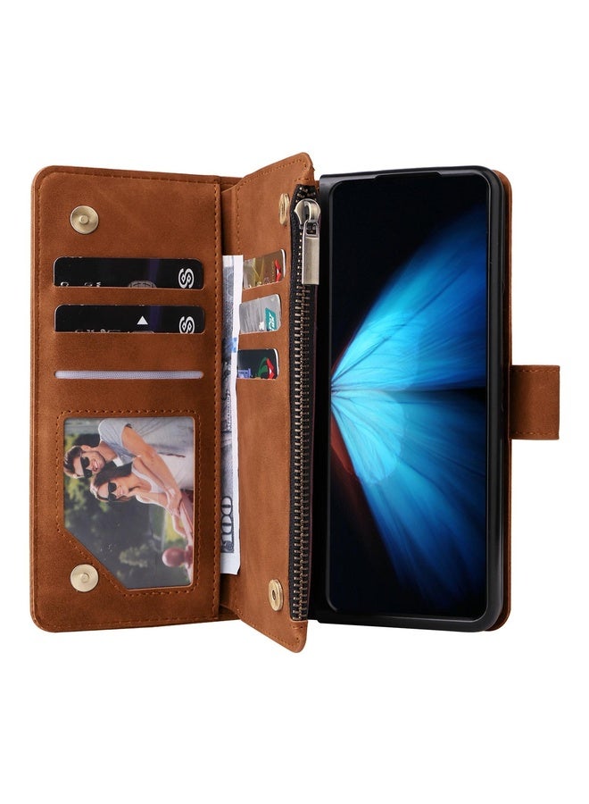 HuHa Case Cover For Samsung Galaxy Z Fold4 Multifunctional Frosted Zipper Wallet Leather Phone Case(Brown)  - Image 4