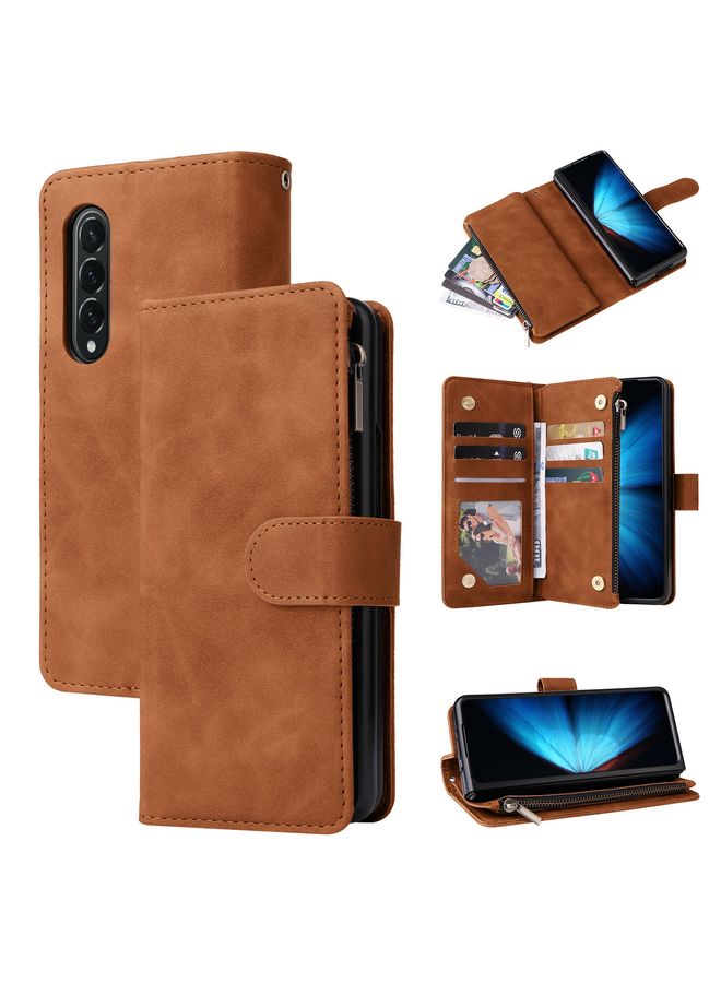HuHa Case Cover For Samsung Galaxy Z Fold4 Multifunctional Frosted Zipper Wallet Leather Phone Case Brown 