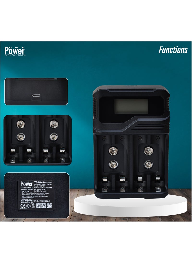 DMK Power TC-Q4A9 4-Slot LCD Quick Rechargeable battery Charger for AA AAA & 9V Batteries with Micro USB Cable - Image 2