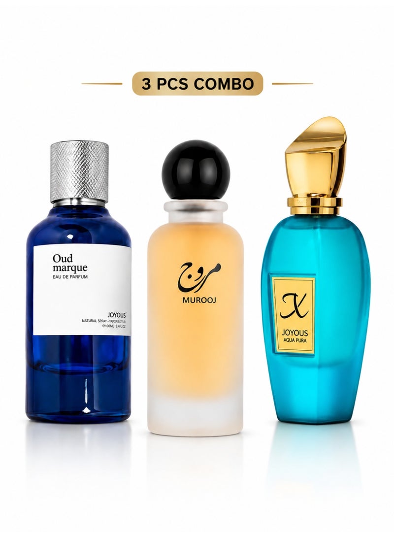 مجموعة هدايا عطور مكونة من 3 قطع - مجموعة عطور عود مارك، مروج، وأكوا بورا أو دو بارفان، عطور فاخرة تدوم طويلاً للرجال والنساء