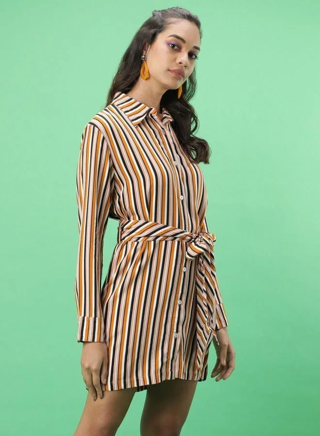 Freehand  Women Regular Fit Striped Shirt Collar Long Sleeve Regular Dress for Women | Best Price UAE