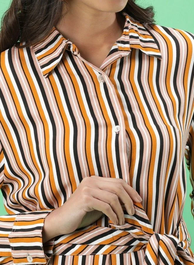 Freehand  Women Regular Fit Striped Shirt Collar Long Sleeve Regular Dress for Women | Best Price UAE