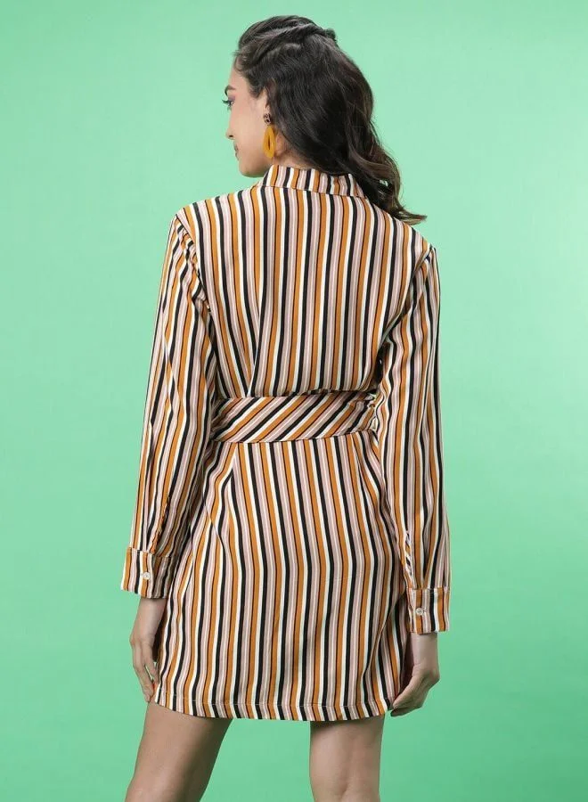 Freehand  Women Regular Fit Striped Shirt Collar Long Sleeve Regular Dress for Women | Best Price UAE