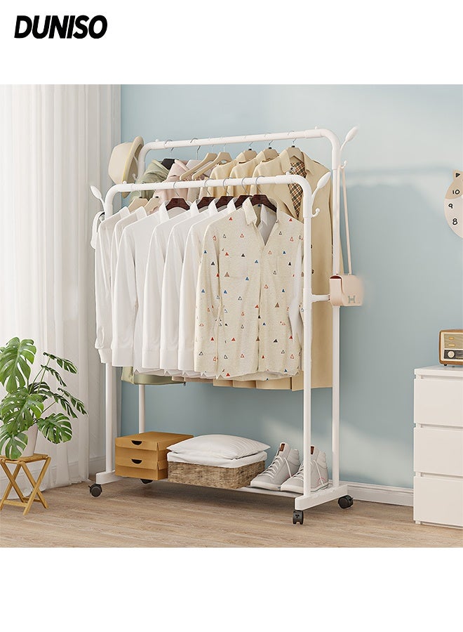 DUNISO Double Rods Clothes Rack with Roller, Metal Garment Rack with Shoe rack and Hooks, Multipurpose Clothes Hanger Organizer,Suitable for Bedrooms, Balconies and Living room (White) - Image 1