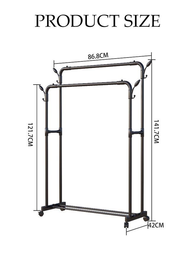 DUNISO Double Rods Clothes Rack with Roller, Metal Garment Rack with Shoe rack and Hooks, Multipurpose Clothes Hanger Organizer,Suitable for Bedrooms, Balconies and Living room (White) - Image 2