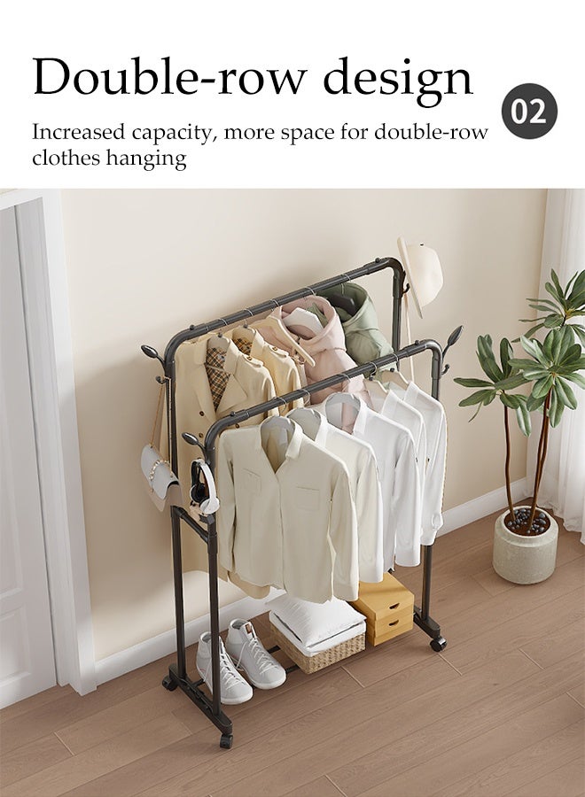 DUNISO Double Rods Clothes Rack with Roller, Metal Garment Rack with Shoe rack and Hooks, Multipurpose Clothes Hanger Organizer,Suitable for Bedrooms, Balconies and Living room (White) - Image 5