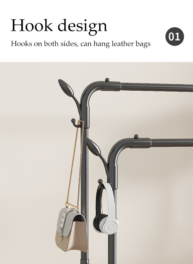 DUNISO Double Rods Clothes Rack with Roller, Metal Garment Rack with Shoe rack and Hooks, Multipurpose Clothes Hanger Organizer,Suitable for Bedrooms, Balconies and Living room (White) - Image 4