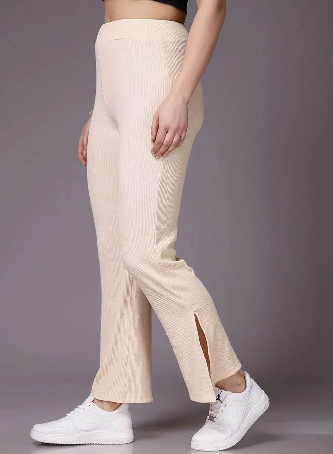 Freehand Freehand Women Cream Ribbed Solid Trousers