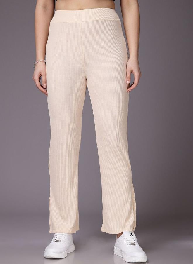 Freehand Women Cream Ribbed Solid Trousers - Image 1