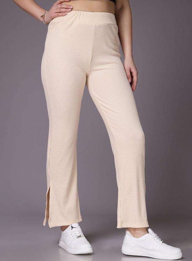 Freehand Women Cream Ribbed Solid Trousers - Image 2