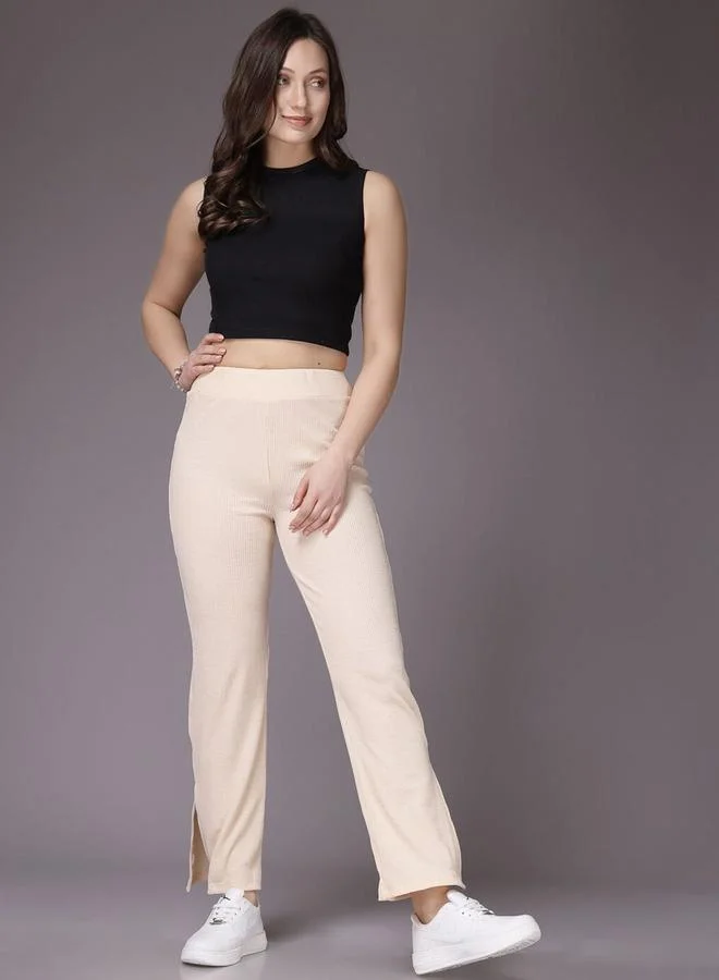 Freehand Freehand Women Cream Ribbed Solid Trousers