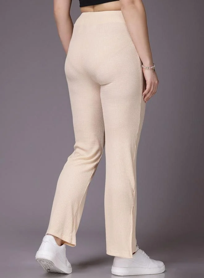 Freehand Freehand Women Cream Ribbed Solid Trousers