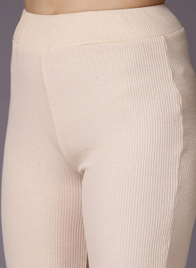 Freehand Freehand Women Cream Ribbed Solid Trousers
