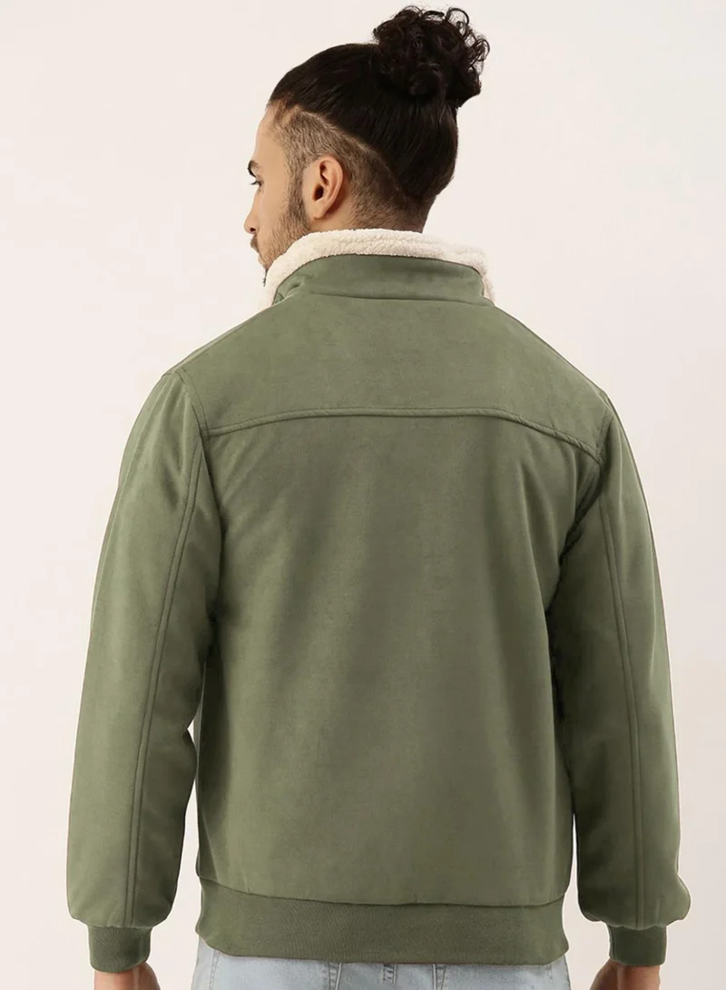 كامبوس سوترا Men's Obsidian Green Fur-Lined Suede Bomber Jacket
