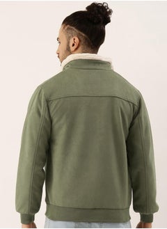 Campus Sutra Men's Obsidian Green Fur-Lined Suede Bomber Jacket  - Image 5