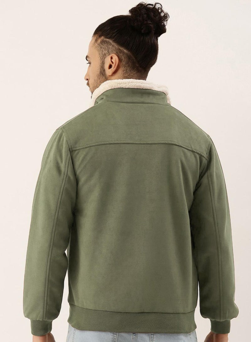 كامبوس سوترا Men's Obsidian Green Fur-Lined Suede Bomber Jacket  - Image 5