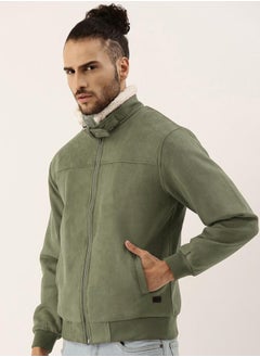 Campus Sutra Men's Obsidian Green Fur-Lined Suede Bomber Jacket  - Image 3