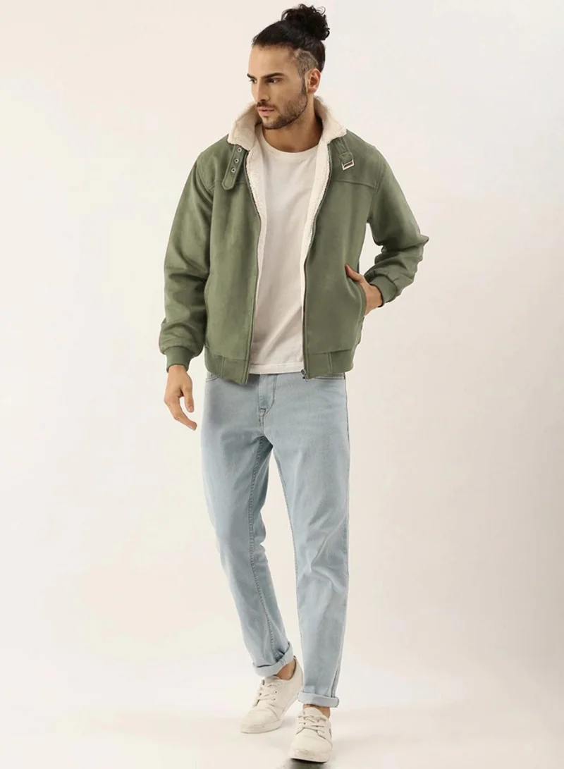 كامبوس سوترا Men's Obsidian Green Fur-Lined Suede Bomber Jacket