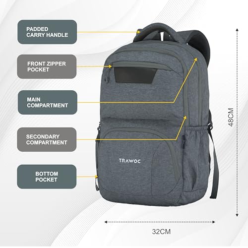 TRAWOC 30L Laptop Backpack TPB04 | Office & Travel Bag with 16-Inch Laptop Compartment, USB Charging Port & 3-Year Warranty -Ash blue - Image 2