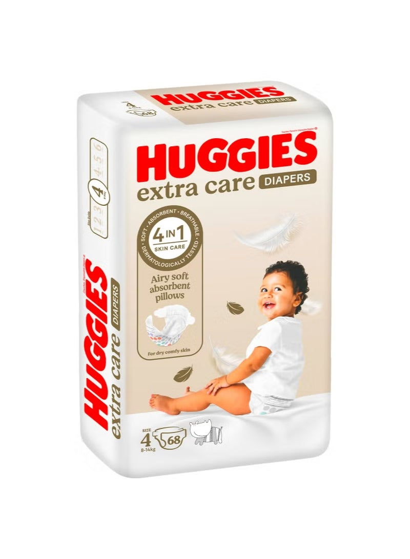 HUGGIES Extra Care baby diapers, size 4 (for 8–14 kg), offering gentle skin care and made from breathable material; 68-count value pack. - Image 1