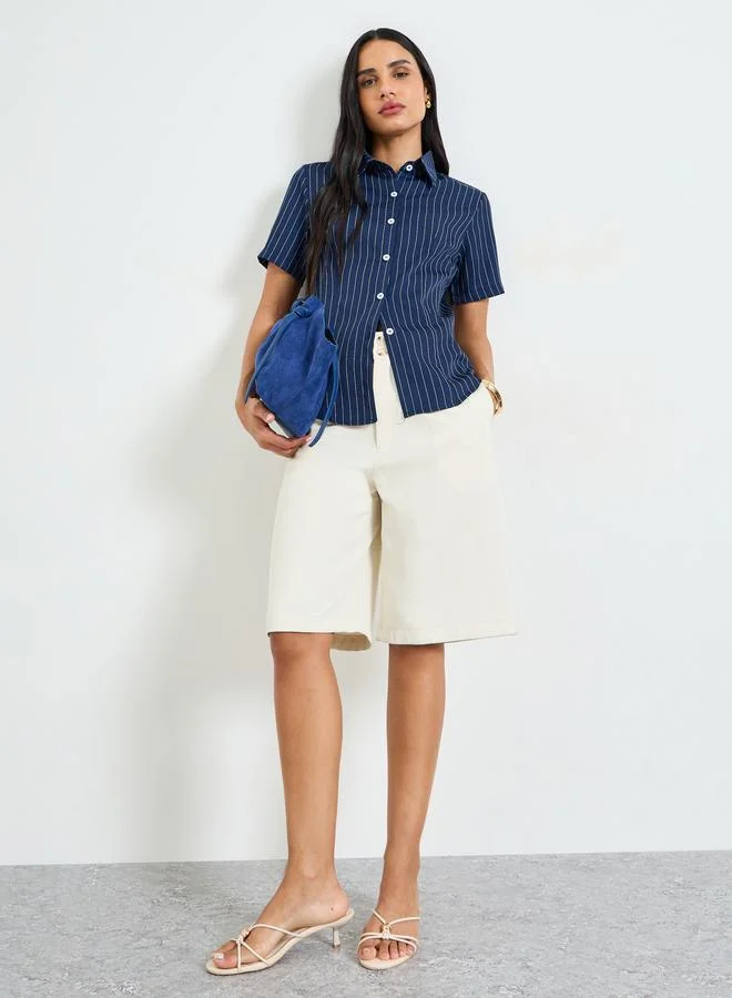 Take Two Dark Blue Striped Short-Sleeve Button-Down Shirt