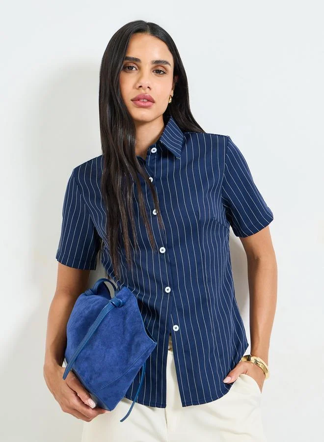 Take Two Dark Blue Striped Short-Sleeve Button-Down Shirt