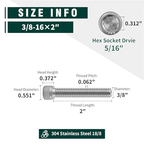 EASTLO 3/8-16 x 2 Socket Head Cap Screw Bolt, 304 Stainless Steel 18-8, Allen Hex Drive, Coarse Thread UNC, 10 PCS - Image 4