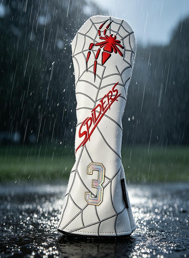GOOACTION Spider Fairway Wood Head Cover – 3D Puffy Embroidery, Elastic Stretch Closure, Waterproof PU Leather, White Golf Club Cover (Tag 3) - Image 3