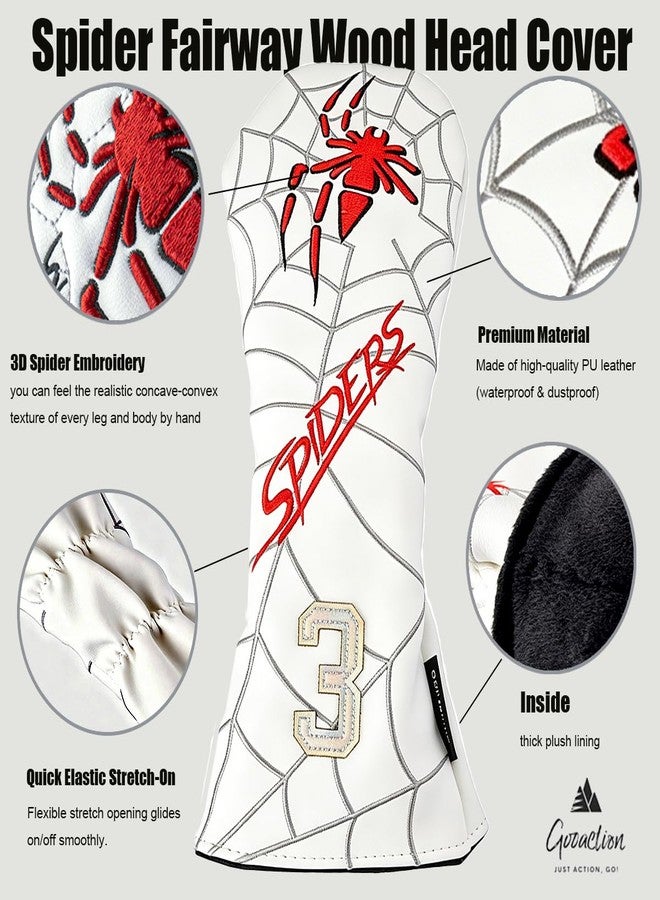GOOACTION Spider Fairway Wood Head Cover – 3D Puffy Embroidery, Elastic Stretch Closure, Waterproof PU Leather, White Golf Club Cover (Tag 3) - Image 2