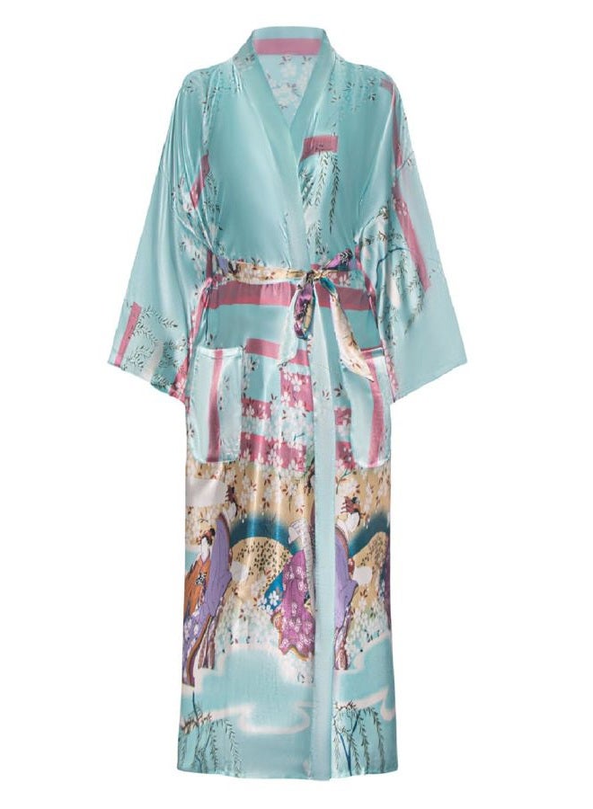 Valennia Women Long Silky Bathrobe Satin Kimono Robe Floral Printed Dressing Gown Sleepwear, Cherry Blossom Light Blue, M - Image 1