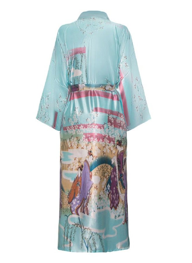 Valennia Women Long Silky Bathrobe Satin Kimono Robe Floral Printed Dressing Gown Sleepwear, Cherry Blossom Light Blue, M - Image 2