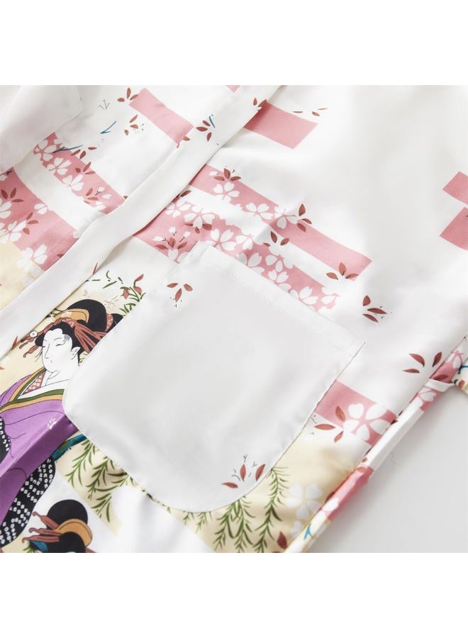 Valennia Women Long Silky Bathrobe Satin Kimono Robe Floral Printed Dressing Gown Sleepwear, Cherry Blossom Light Blue, M - Image 4