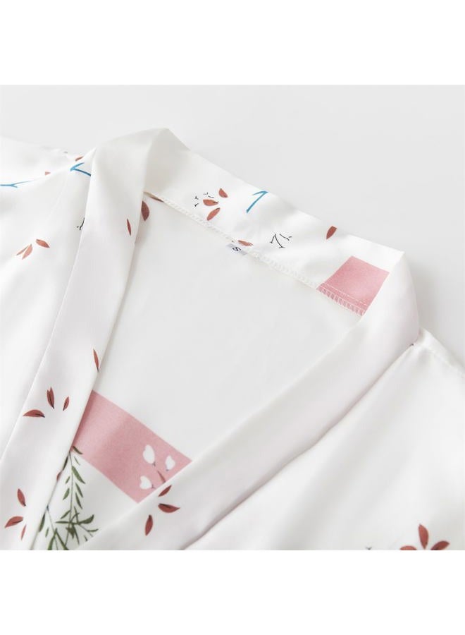 Valennia Women Long Silky Bathrobe Satin Kimono Robe Floral Printed Dressing Gown Sleepwear, Cherry Blossom Light Blue, M - Image 3