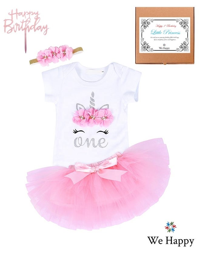 We Happy 4 Pieces 1st Birthday Baby Girl Costume Set Newborn Princess Dress for Theme Party Photoshoot Unicorn Bodysuit with Tutu Skirt, Cake Topper and Floral Headband  - Image 1