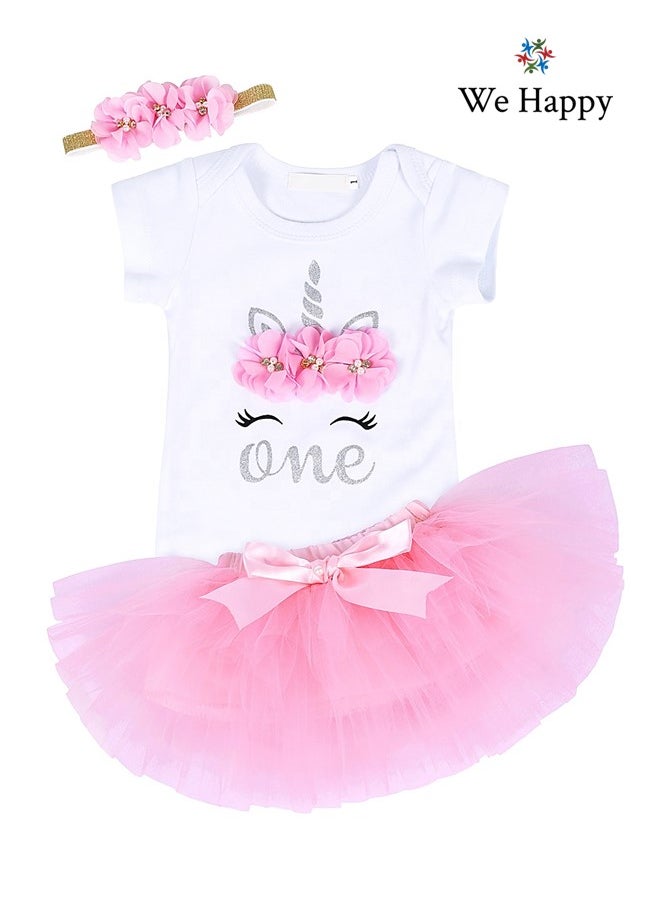 We Happy 4 Pieces 1st Birthday Baby Girl Costume Set Newborn Princess Dress for Theme Party Photoshoot Unicorn Bodysuit with Tutu Skirt, Cake Topper and Floral Headband  - Image 2
