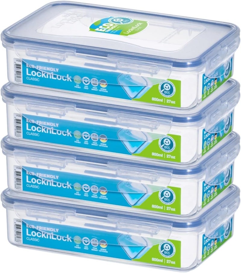 LocknLock Food Container Rectangle 800ml Pack of 4| Airtight, BPA-Free, Eco-Friendly, Microwave & Freezer Safe - Image 1