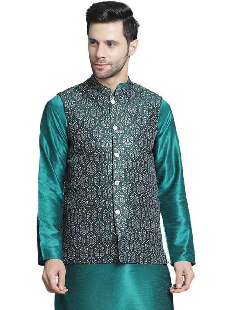Jompers Olive Men's Printed Nehru Jacket (Olive, XL) - Image 1