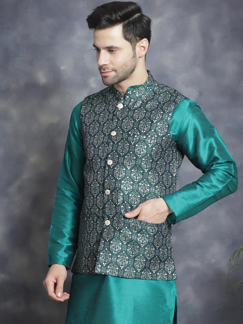 Jompers Olive Men's Printed Nehru Jacket (Olive, XL) - Image 3