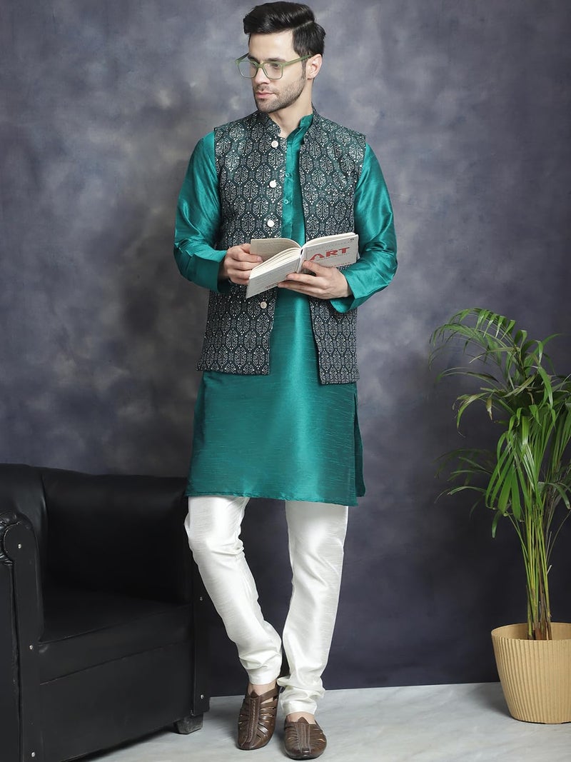 Jompers Olive Men's Printed Nehru Jacket (Olive, XL) - Image 4