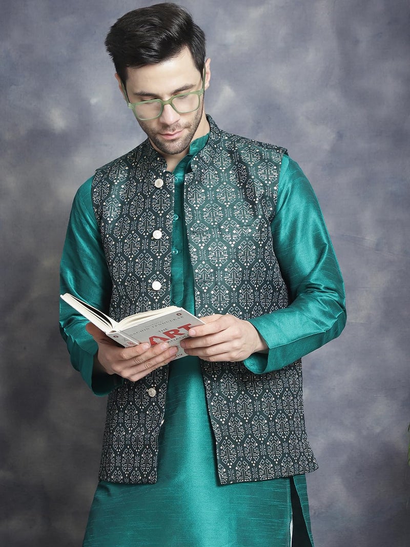 Jompers Olive Men's Printed Nehru Jacket (Olive, XL) - Image 5