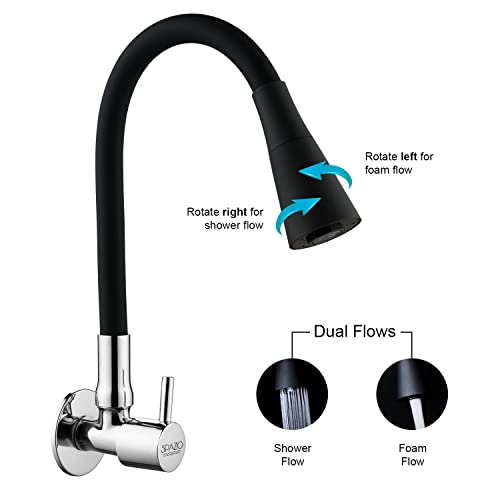 SPAZIO Turbo Brass Sink Cock Tap/Sink Faucet with Black 360 Degree Flexible Silicon Swivel Spout & Dual Flow Pattern, Hot/Cold Water for Kitchen Sink, Wash Basin, Chrome Finish with Wall Flange - Image 4